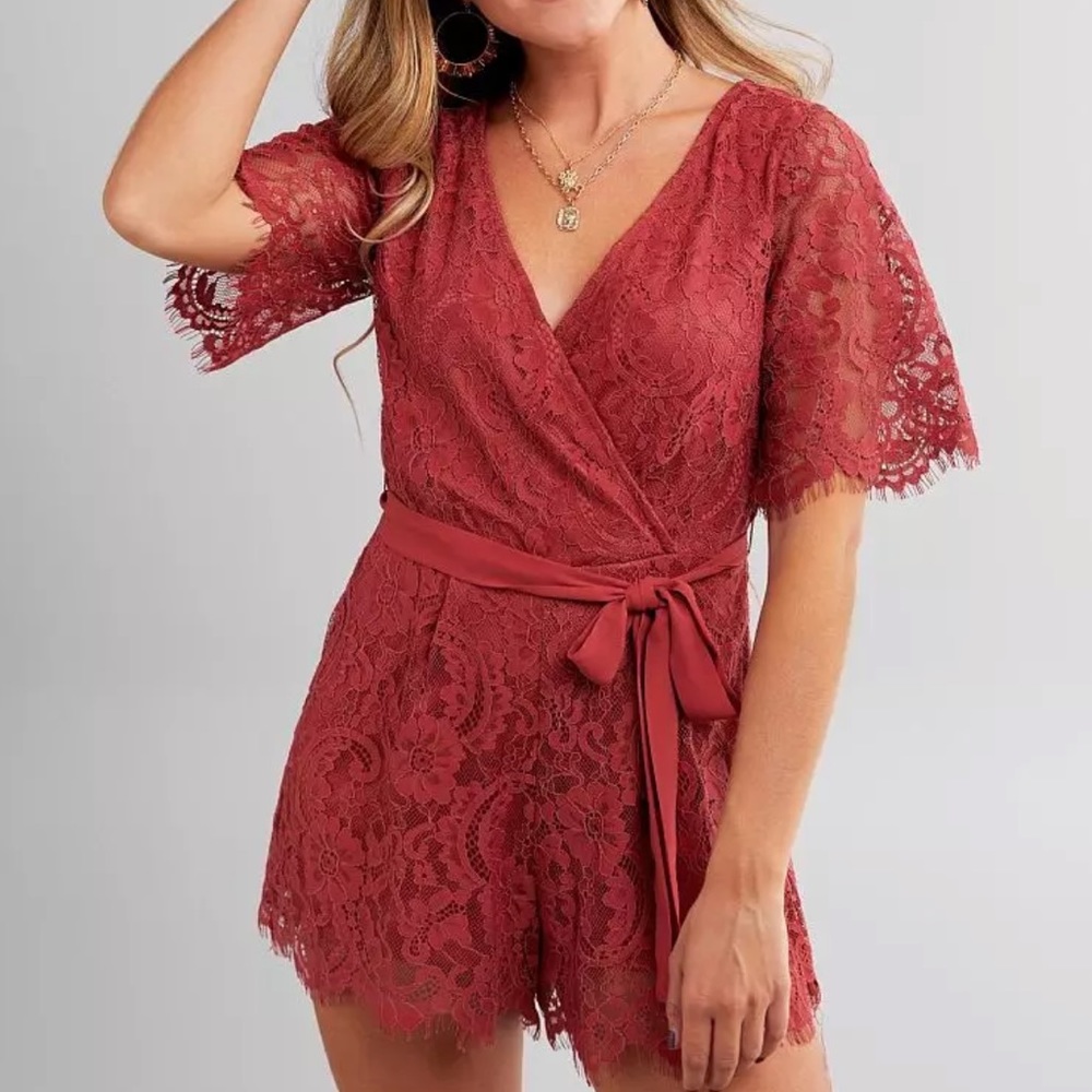 Red lace shorts romper
